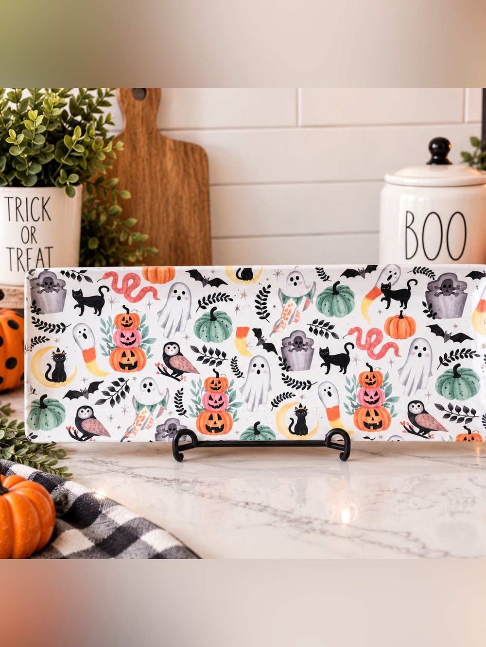 NEW Halloween Melamine Platter 19x8 – Ghosts Pumpkins Black Cats 🎃👻
